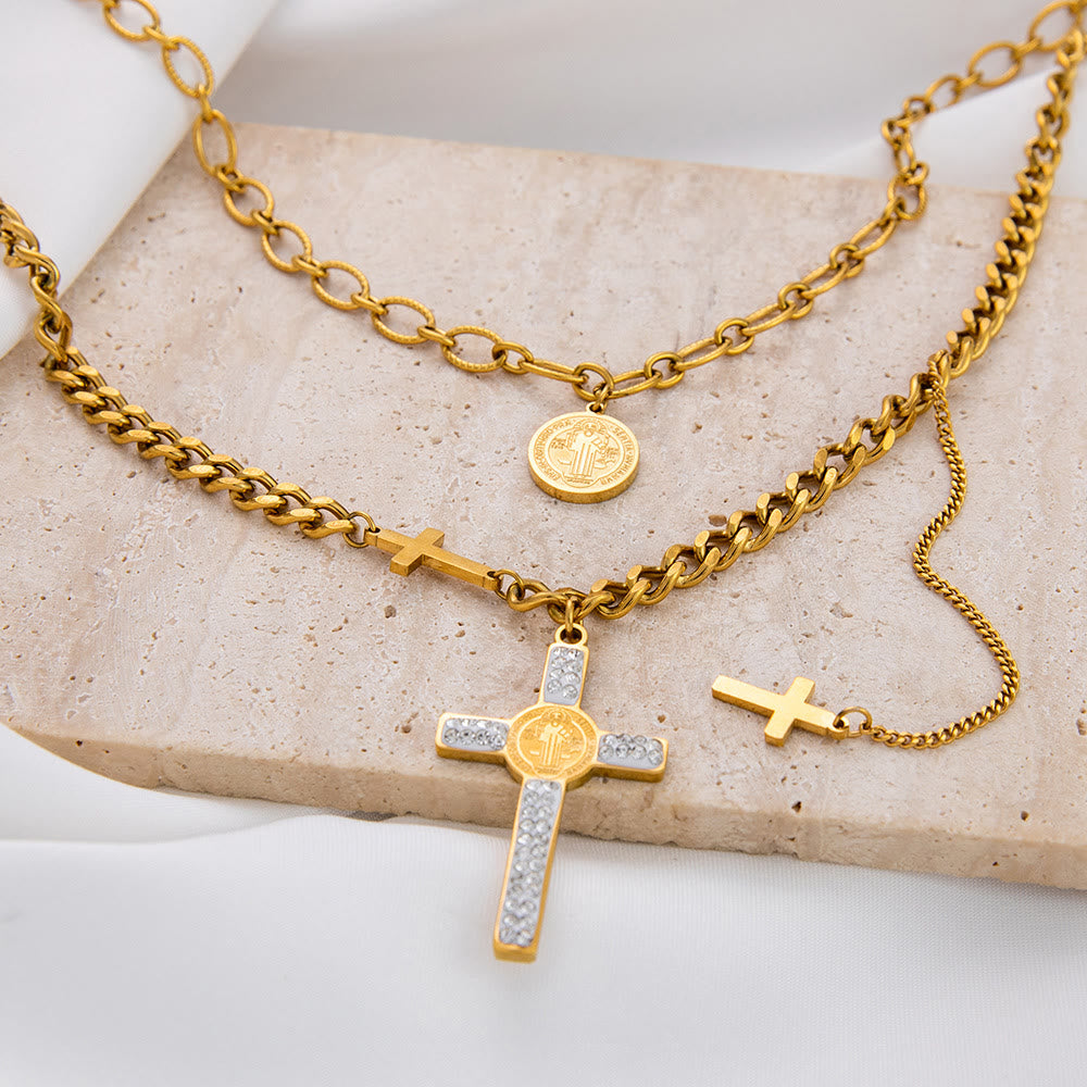 Christianartworkshop Layered Necklace Style St. Benedict Cross Pendant Mixed Chain Necklace - image 2
