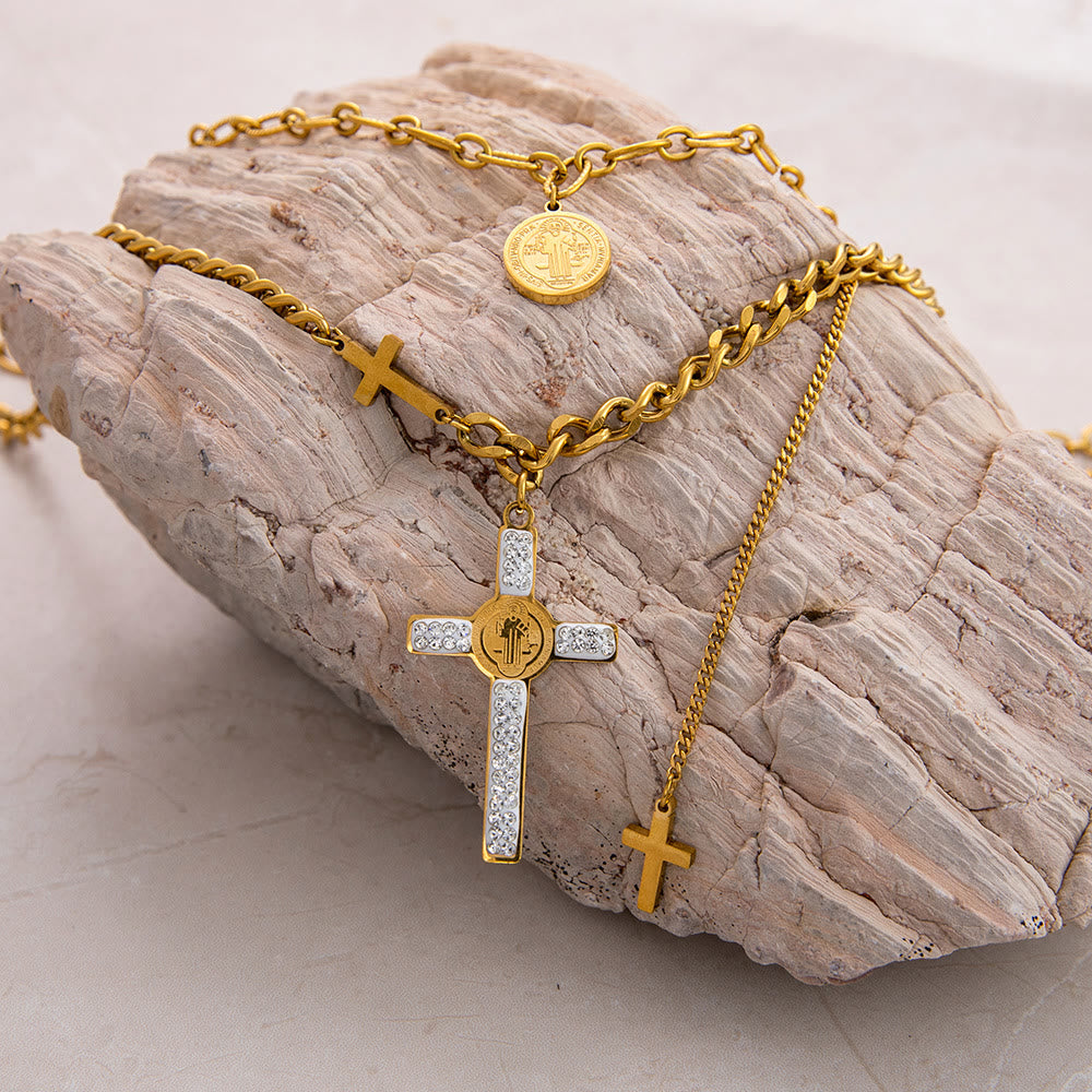 Christianartworkshop Layered Necklace Style St. Benedict Cross Pendant Mixed Chain Necklace - Golden - image 1