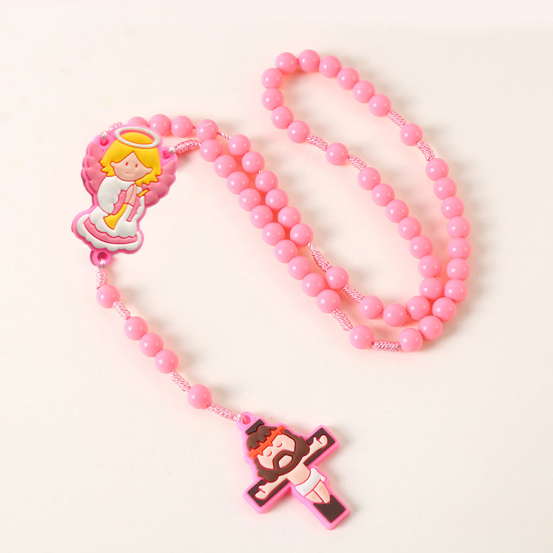 Christianartworkshop Guardian Angel & Crucifix of 8 mm Round Pink/Blue Acrylic Nylon Cord Child Rosary - Guardian Angel - Pink - image 1