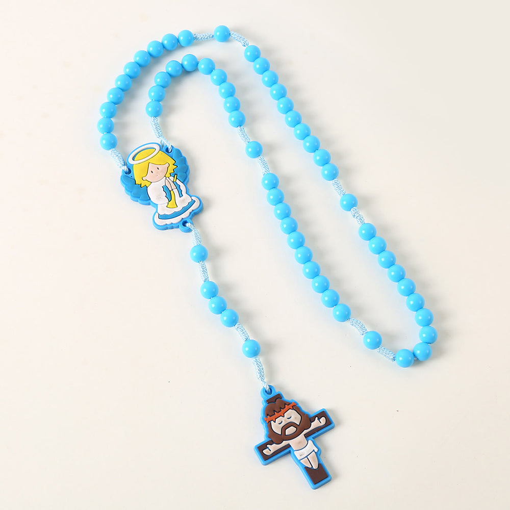 Christianartworkshop Guardian Angel & Crucifix of 8 mm Round Pink/Blue Acrylic Nylon Cord Child Rosary - Guardian Angel - Blue - image 2