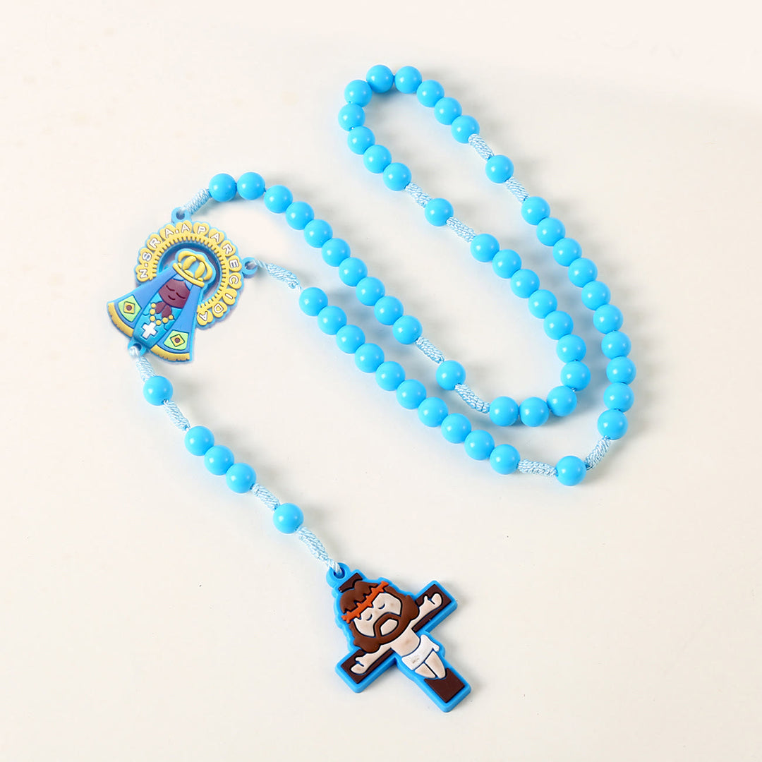 Christianartworkshop Guardian Angel & Crucifix of 8 mm Round Pink/Blue Acrylic Nylon Cord Child Rosary - Our Lady - Blue - image 4