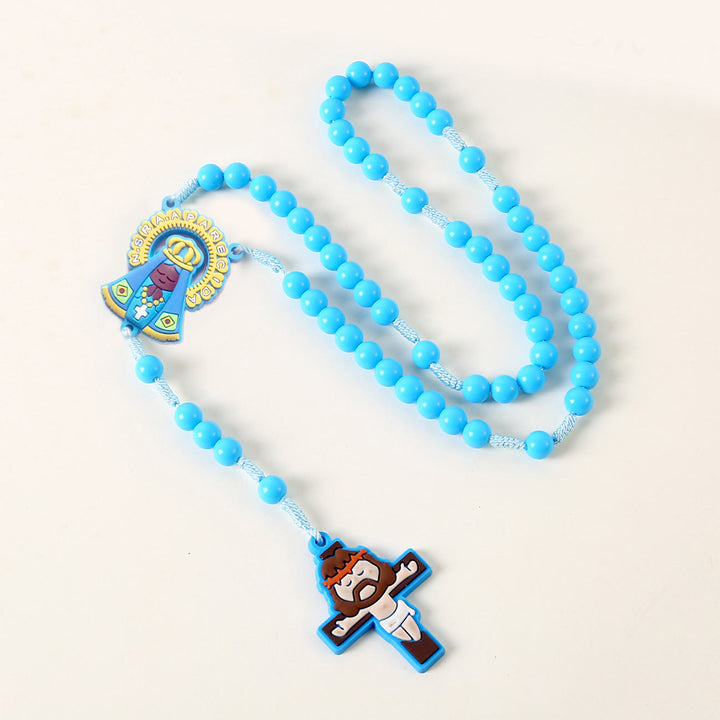 Christianartworkshop Guardian Angel & Crucifix of 8 mm Round Pink/Blue Acrylic Nylon Cord Child Rosary - Our Lady - Blue - image 4