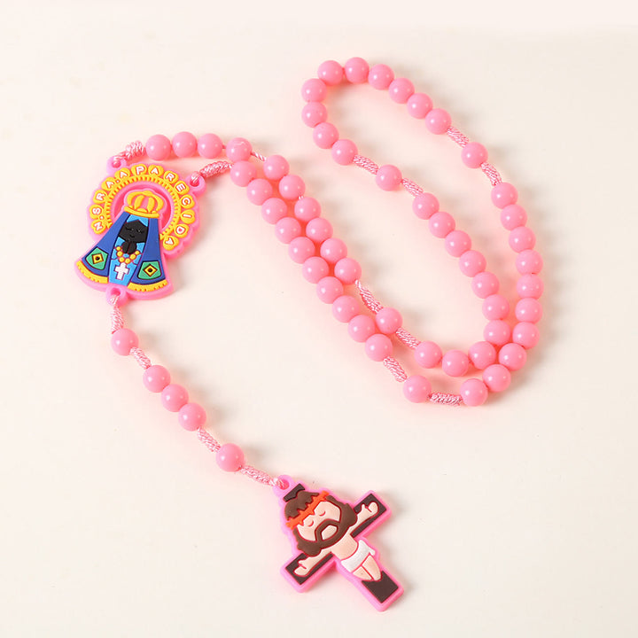 Christianartworkshop Guardian Angel & Crucifix of 8 mm Round Pink/Blue Acrylic Nylon Cord Child Rosary - Our Lady - Pink - image 3