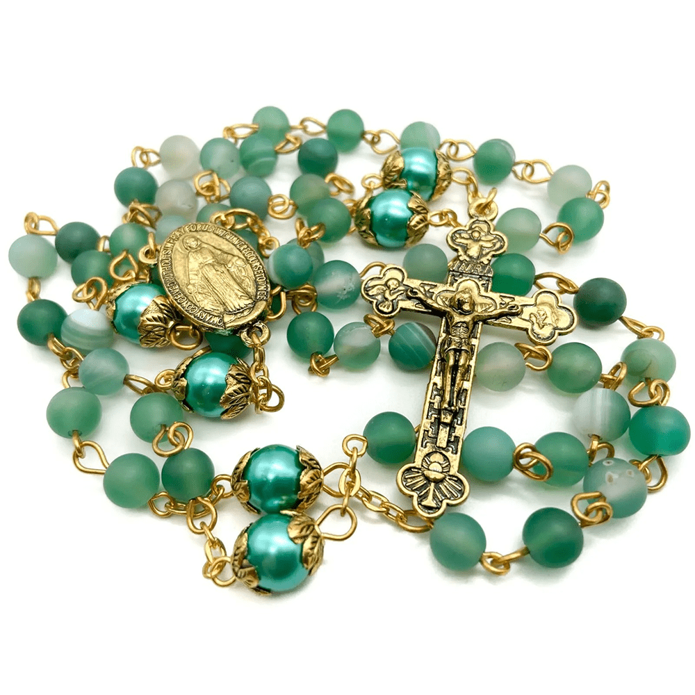 Christianartworkshop Miraculous Medal & Crucifix of 6 mm Round Green Crystal Alloy Chain Rosary - image 0