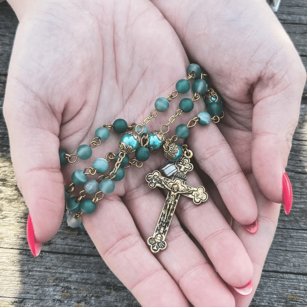 Christianartworkshop Miraculous Medal & Crucifix of 6 mm Round Green Crystal Alloy Chain Rosary - image 3