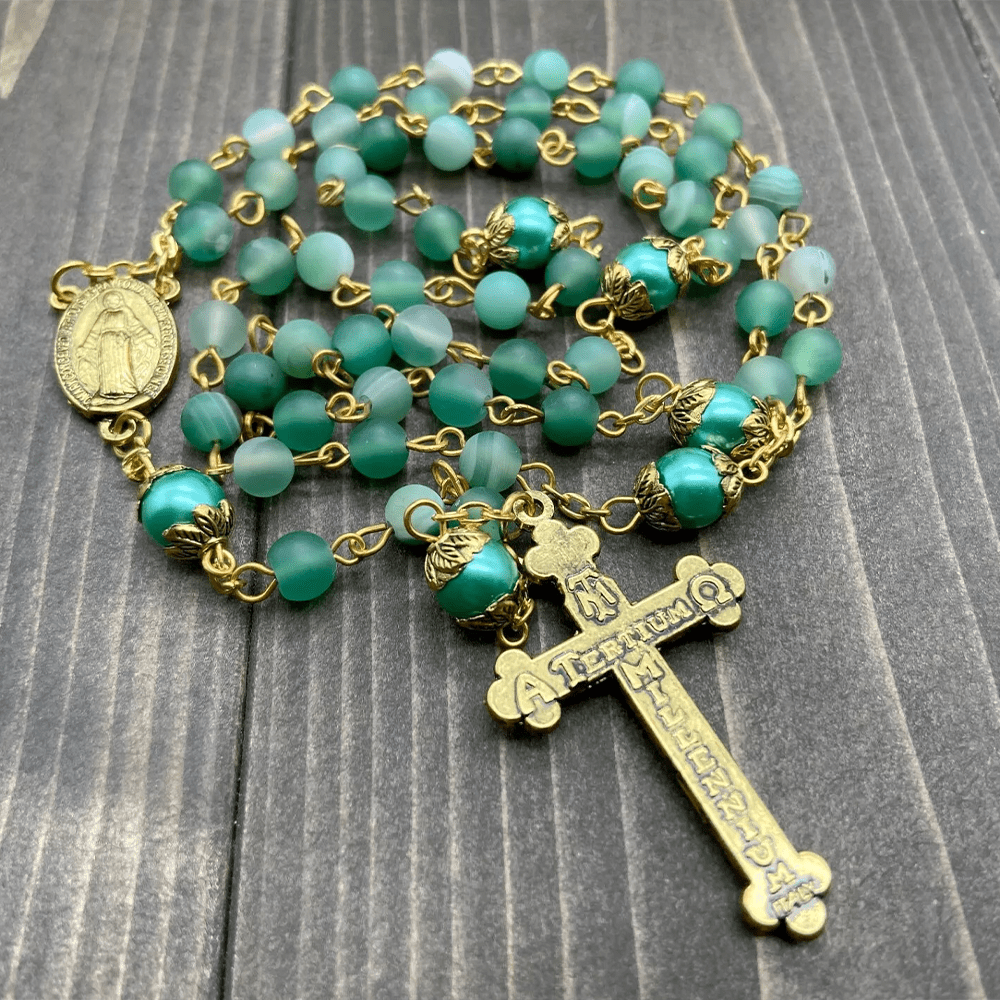 Christianartworkshop Miraculous Medal & Crucifix of 6 mm Round Green Crystal Alloy Chain Rosary - image 2