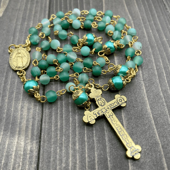 Christianartworkshop Miraculous Medal & Crucifix of 6 mm Round Green Crystal Alloy Chain Rosary - image 2