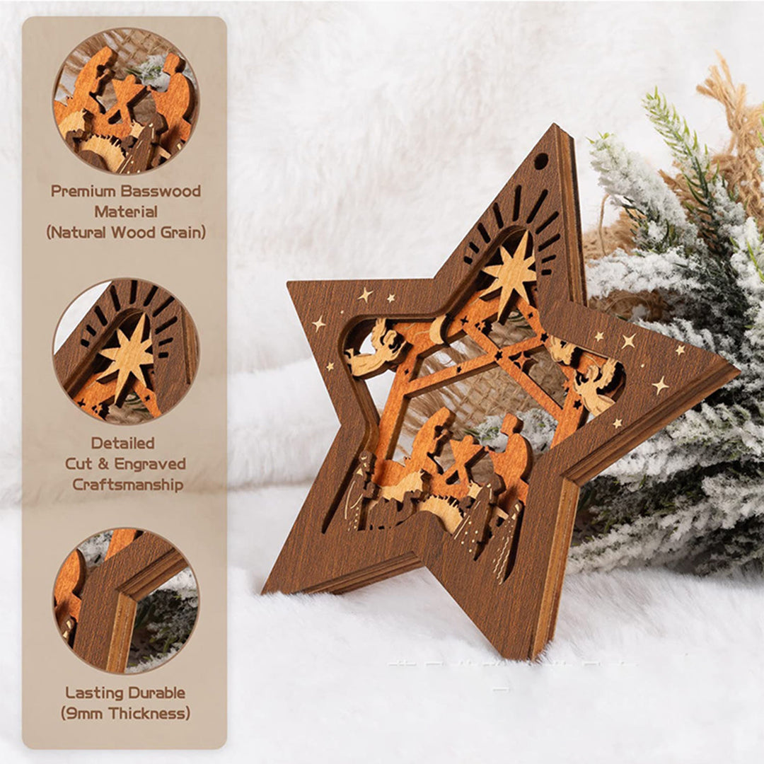Christianartworkshop Rustic Style Layered Wooden Pendant Five-pointed Star Christmas Nativity Ornaments - image 3
