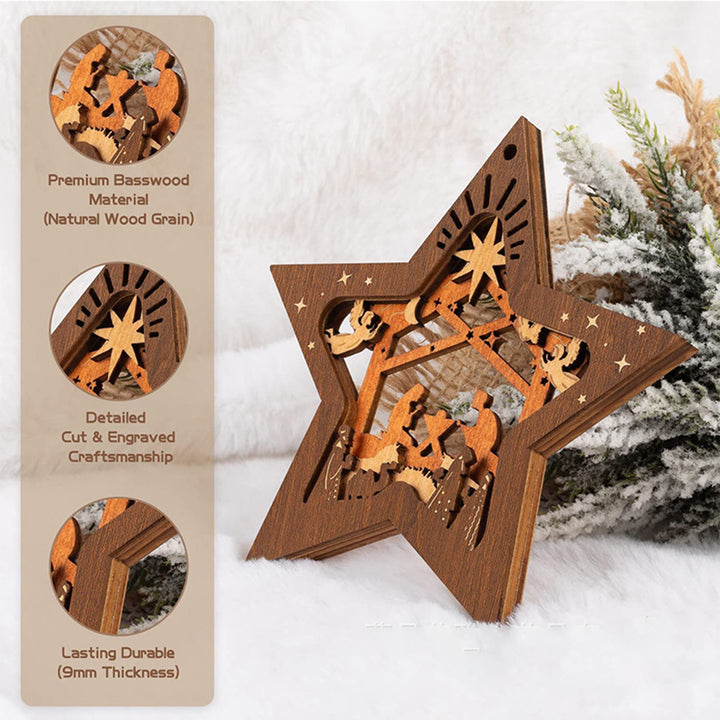 Christianartworkshop Rustic Style Layered Wooden Pendant Five-pointed Star Christmas Nativity Ornaments - image 3