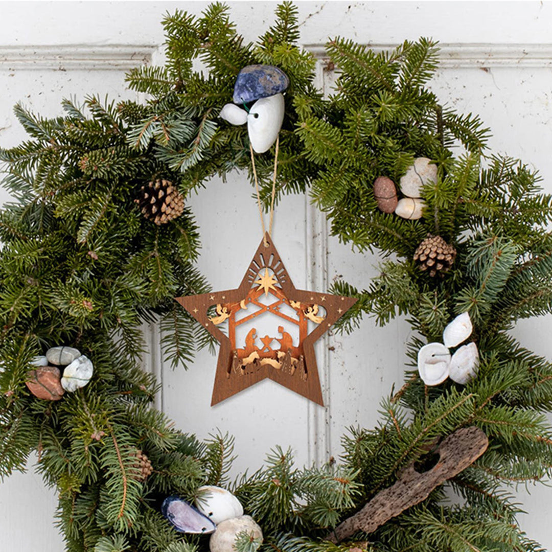 Christianartworkshop Rustic Style Layered Wooden Pendant Five-pointed Star Christmas Nativity Ornaments - image 2