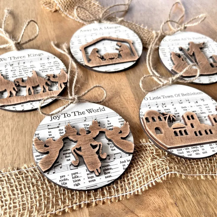 Christianartworkshop 5 Rustic Style Wooden Music Sheet Christmas Nativity Ornaments - image 4