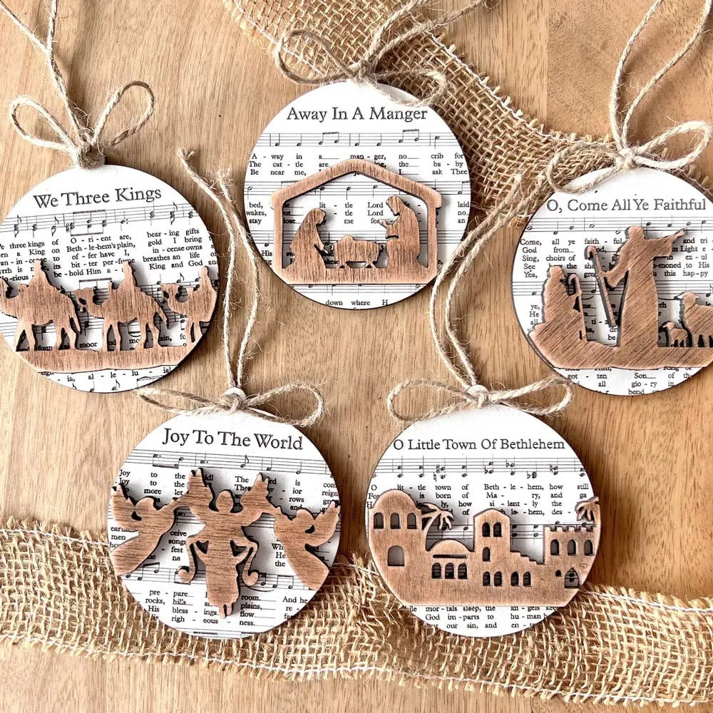 Christianartworkshop 5 Rustic Style Wooden Music Sheet Christmas Nativity Ornaments - image 2