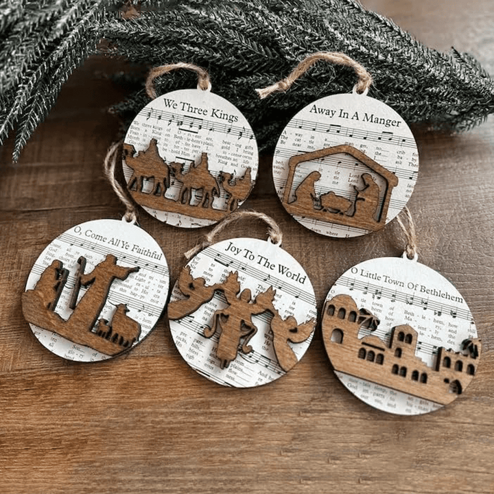 Christianartworkshop 5 Rustic Style Wooden Music Sheet Christmas Nativity Ornaments - image 2