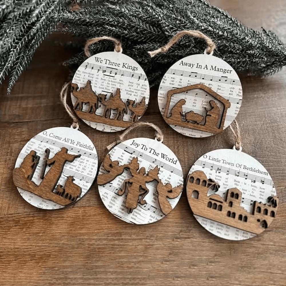 Christianartworkshop 5 Rustic Style Wooden Music Sheet Christmas Nativity Ornaments - image 3