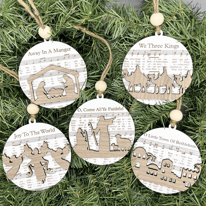 Christianartworkshop 5 Rustic Style Wooden Music Sheet Christmas Nativity Ornaments - 5pcs/set - image 0