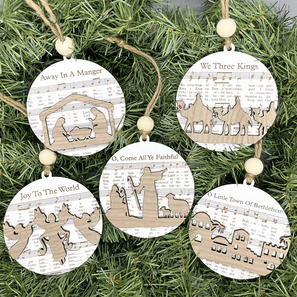 Christianartworkshop 5 Rustic Style Wooden Music Sheet Christmas Nativity Ornaments - 5pcs/set - image 1