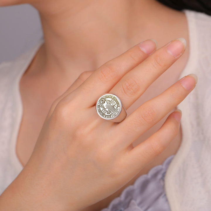 Christianartworkshop Retro-pop Style Engraved St. Benedict's Exorcism Medal Stainless Ring - image 5