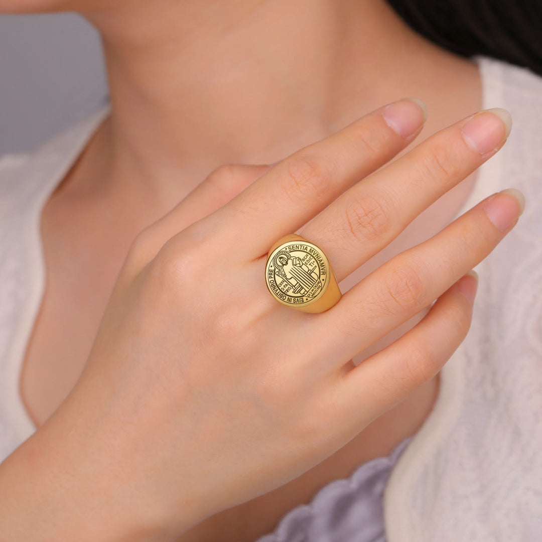 Christianartworkshop Retro-pop Style Engraved St. Benedict's Exorcism Medal Stainless Ring - image 6