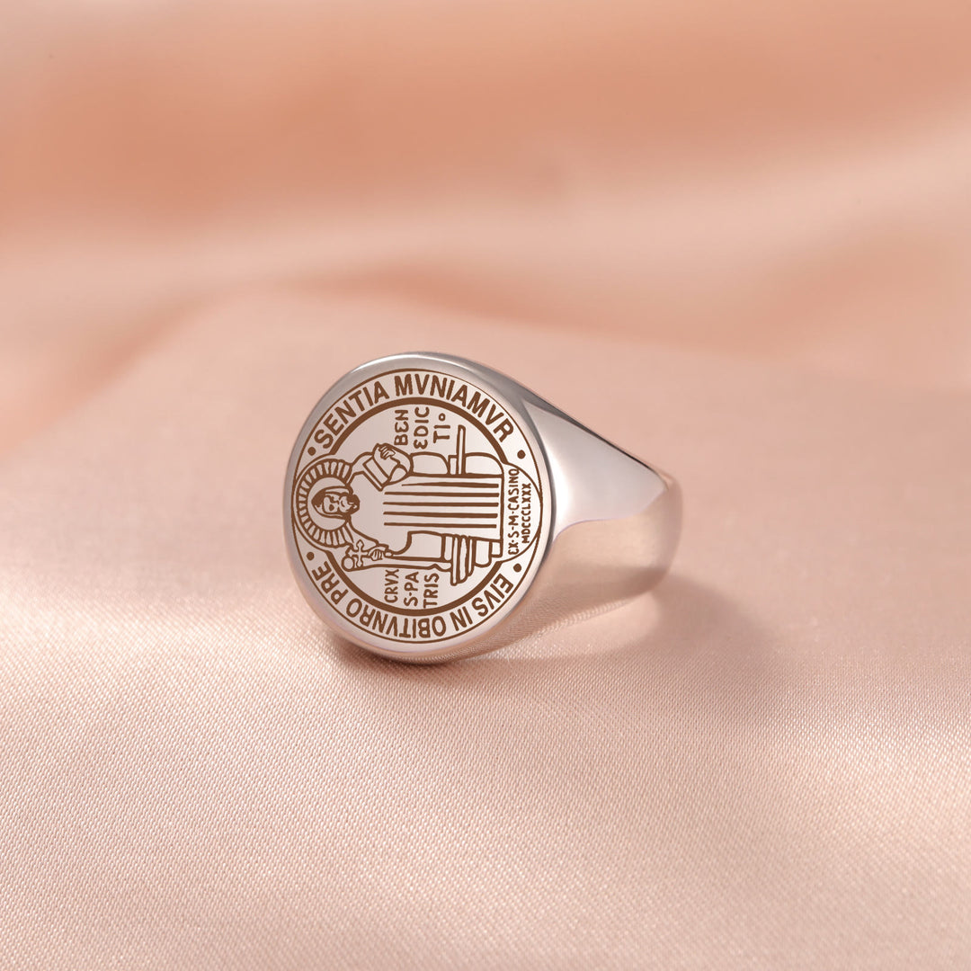 Christianartworkshop Retro-pop Style Engraved St. Benedict's Exorcism Medal Stainless Ring - image 3