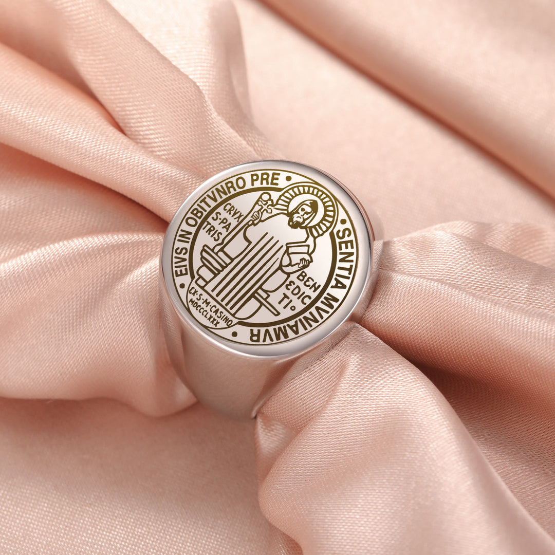 Christianartworkshop Retro-pop Style Engraved St. Benedict's Exorcism Medal Stainless Ring - Silver - US 12 - image 1