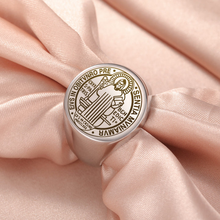 Christianartworkshop Retro-pop Style Engraved St. Benedict's Exorcism Medal Stainless Ring - Silver - US 12 - image 1