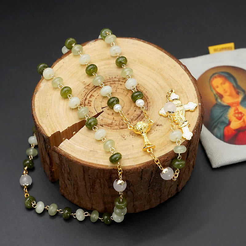 Christianartworkshop Holy Grail & Crucifix with Eucharistic of 5*8 mm Round Green Chalcedony Alloy Chain Rosary - Green Chalcedony - image 1