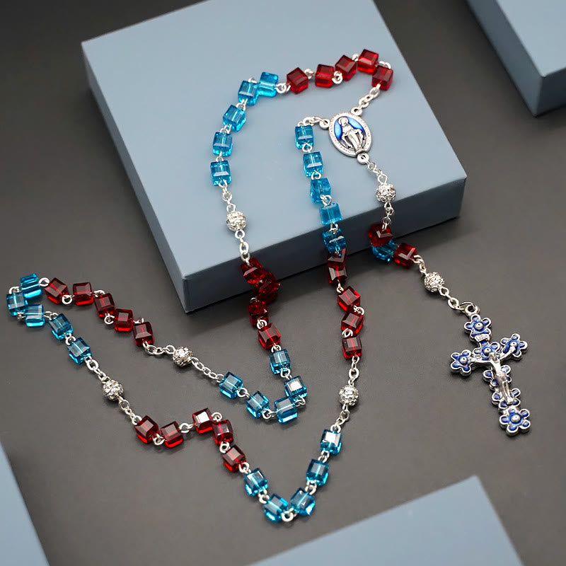 Christianartworkshop Miraculous Medal & Crucifix of 6 mm Square Multicolor Crystal Alloy Chain Rosary - Blue & Red - image 1