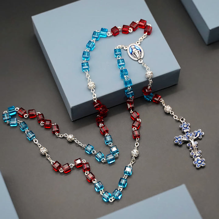 Christianartworkshop Miraculous Medal & Crucifix of 6 mm Square Multicolor Crystal Alloy Chain Rosary - Blue & Red - image 1