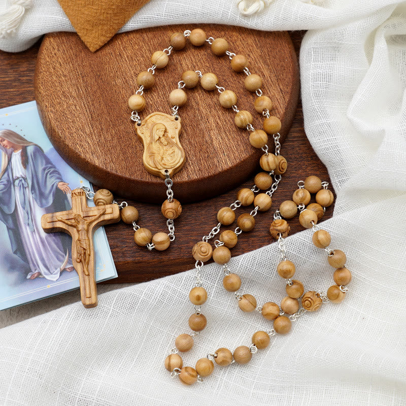 Christianartworkshop Madonna and Child & Crucifix of 8 mm Round Multicolor Olive Wood Alloy Chain Rosary - Olive Wood--7mm - image 1