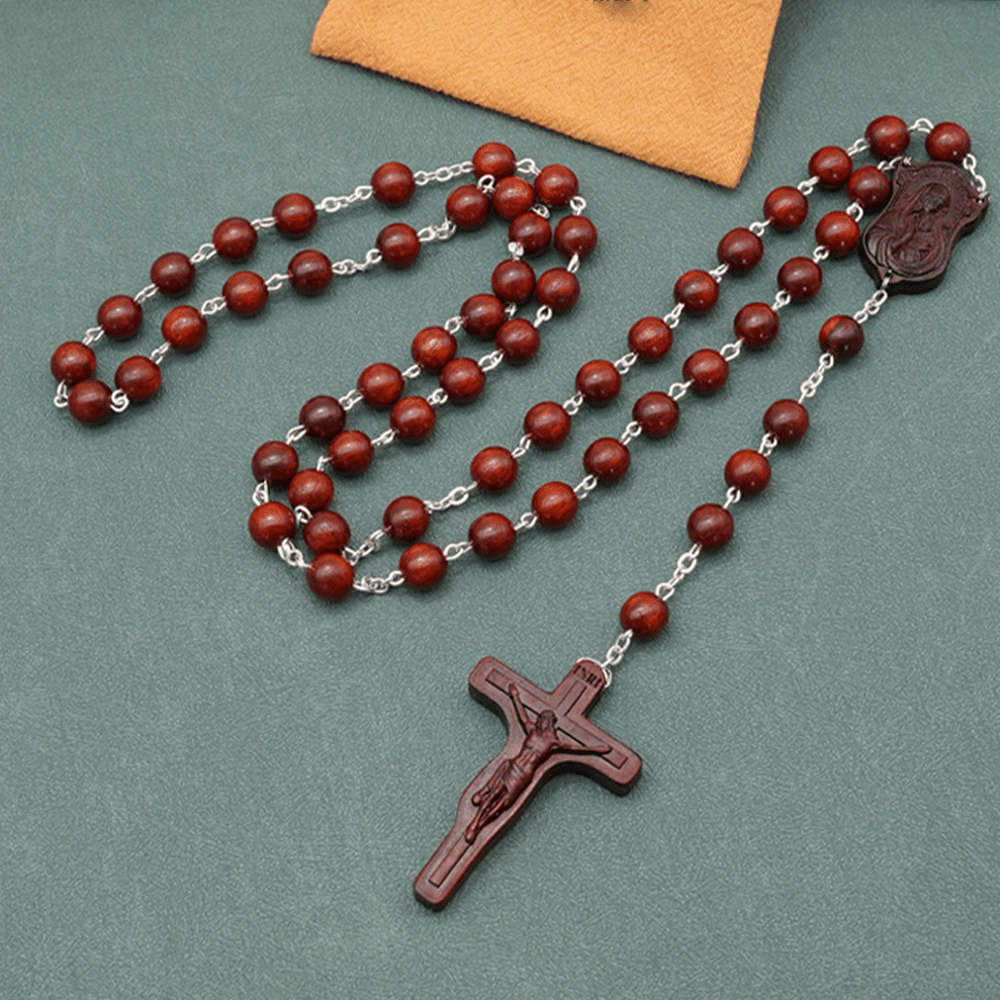 Christianartworkshop Madonna and Child & Crucifix of 8 mm Round Multicolor Olive Wood Alloy Chain Rosary - Rosewood--8mm - image 2