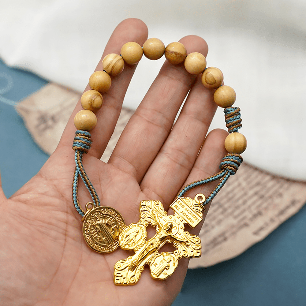 Christianartworkshop St. Benedict Medal & Crucifix of 10 mm Round Golden Olive Wood Nylon Cord Pocket Rosary - image 3
