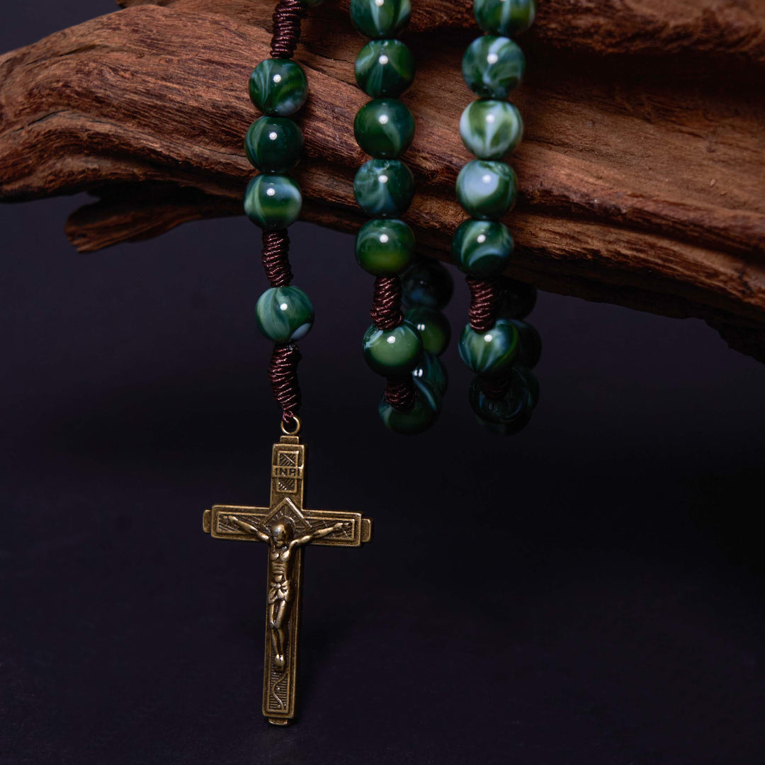 Christianartworkshop Our Lady of Guadalupe & Crucifix of 10 mm Round Green Agate Nylon Cord Rosary - image 2