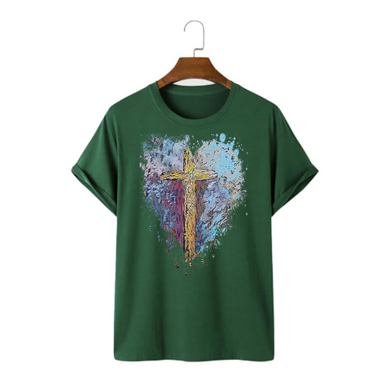 Christianartworkshop Classic Style Cross my Heart Short Sleeve T-shirt - Dark Green - 2XL - image 10