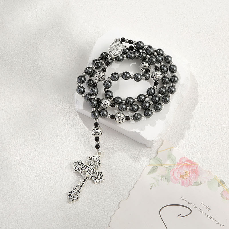 Christianartworkshop Miraculous Medal & Crucifix of 8 mm Round Black Gallstone Nylon Cord Rosary - 8mm Black Gallstone Round Bead Necklace - image 1