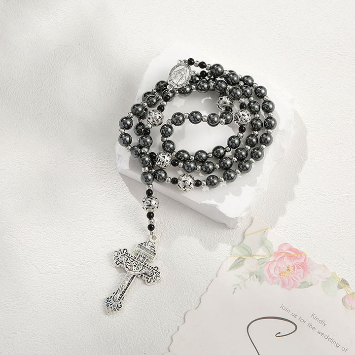 Christianartworkshop Miraculous Medal & Crucifix of 8 mm Round Black Gallstone Nylon Cord Rosary - 8mm Black Gallstone Round Bead Necklace - image 1