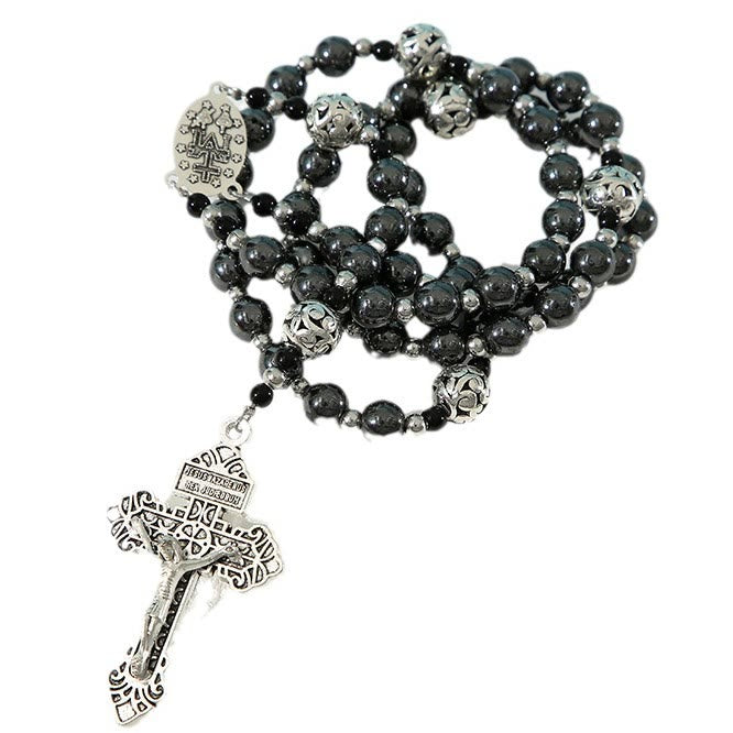 Christianartworkshop Miraculous Medal & Crucifix of 8 mm Round Black Gallstone Nylon Cord Rosary - image 5