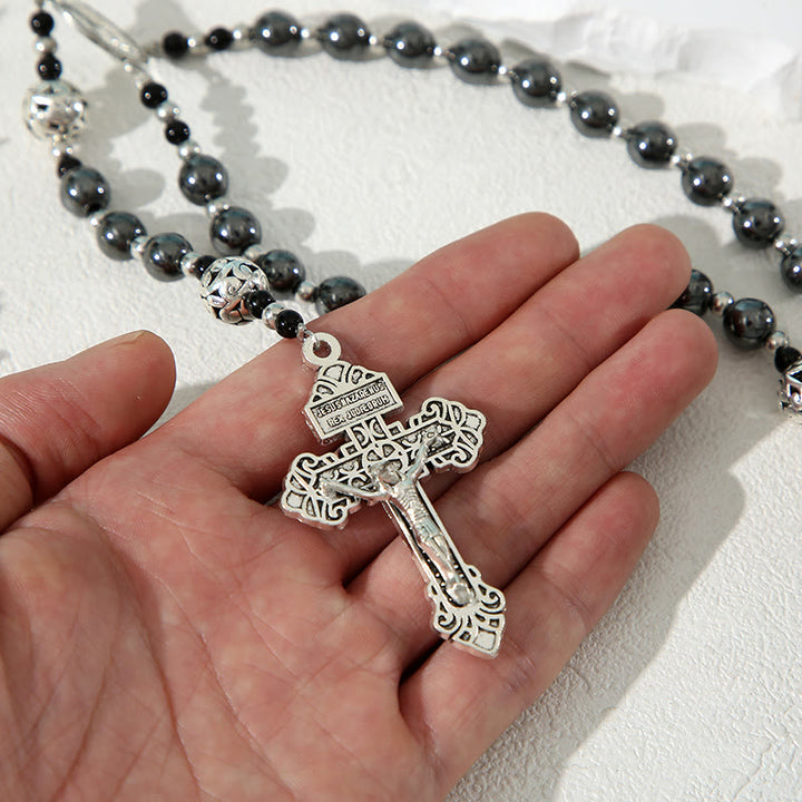 Christianartworkshop Miraculous Medal & Crucifix of 8 mm Round Black Gallstone Nylon Cord Rosary - image 3