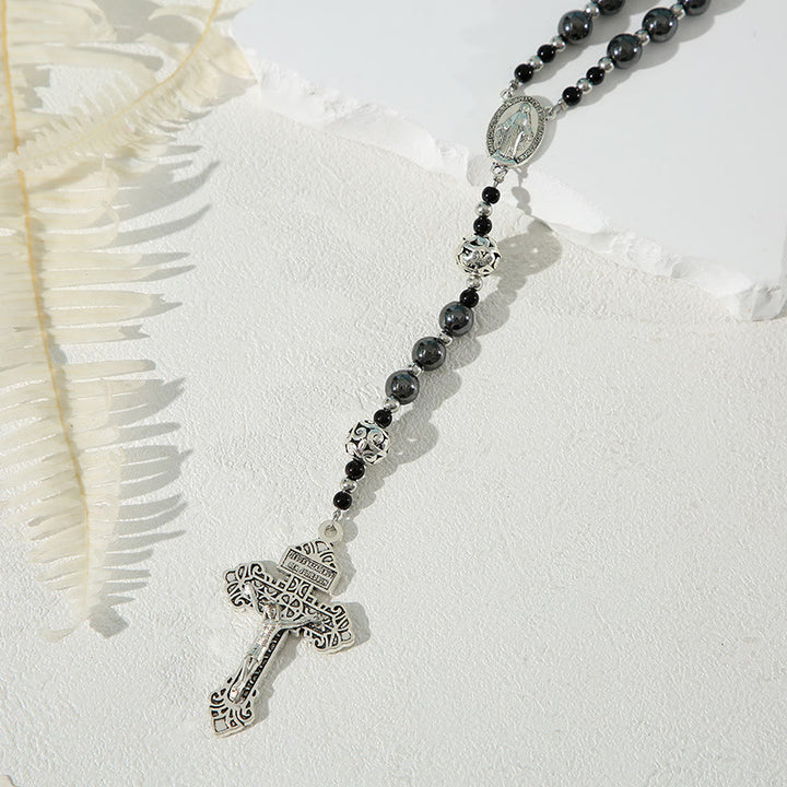 Christianartworkshop Miraculous Medal & Crucifix of 8 mm Round Black Gallstone Nylon Cord Rosary - image 4