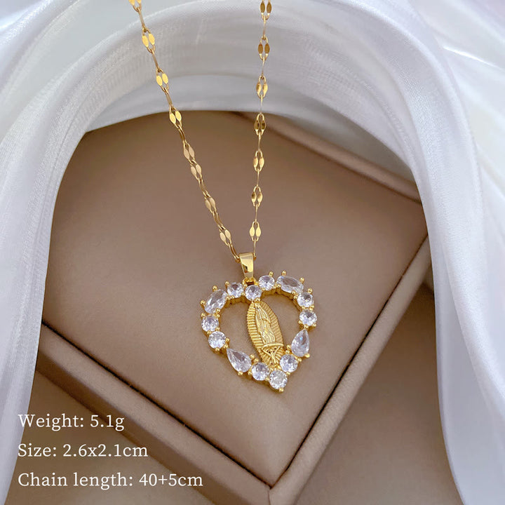 Christianartworkshop Luxury Style Heart-shaped Gemstone Encrusted Our Lady of Guadalupe Pendant Necklace - image 5