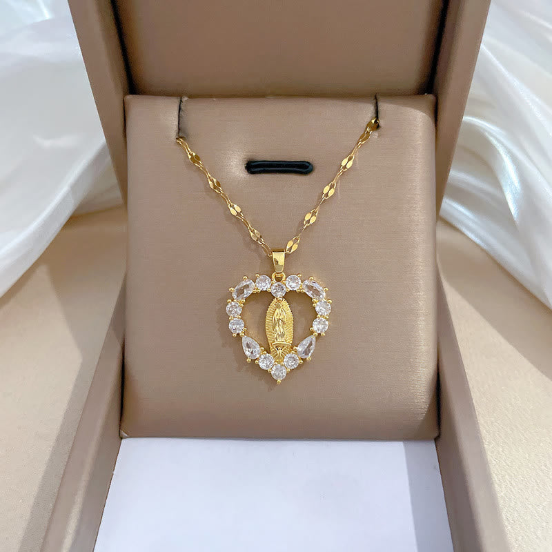 Christianartworkshop Luxury Style Heart-shaped Gemstone Encrusted Our Lady of Guadalupe Pendant Necklace - image 2