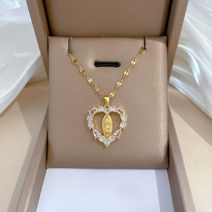 Christianartworkshop Luxury Style Heart-shaped Gemstone Encrusted Our Lady of Guadalupe Pendant Necklace - image 2