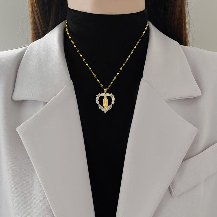 Christianartworkshop Luxury Style Heart-shaped Gemstone Encrusted Our Lady of Guadalupe Pendant Necklace - image 3
