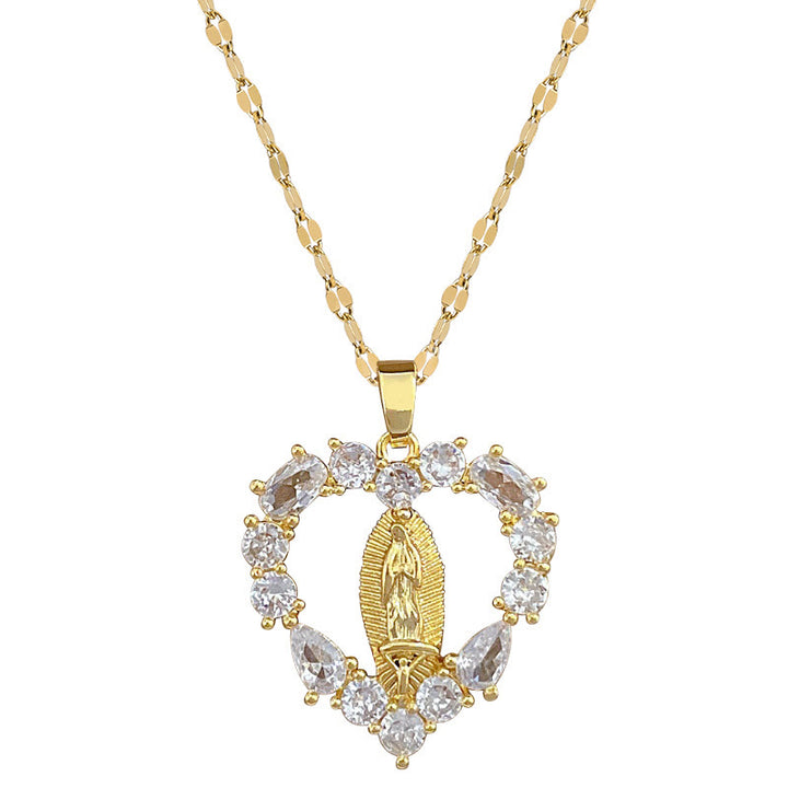 Christianartworkshop Luxury Style Heart-shaped Gemstone Encrusted Our Lady of Guadalupe Pendant Necklace - image 5