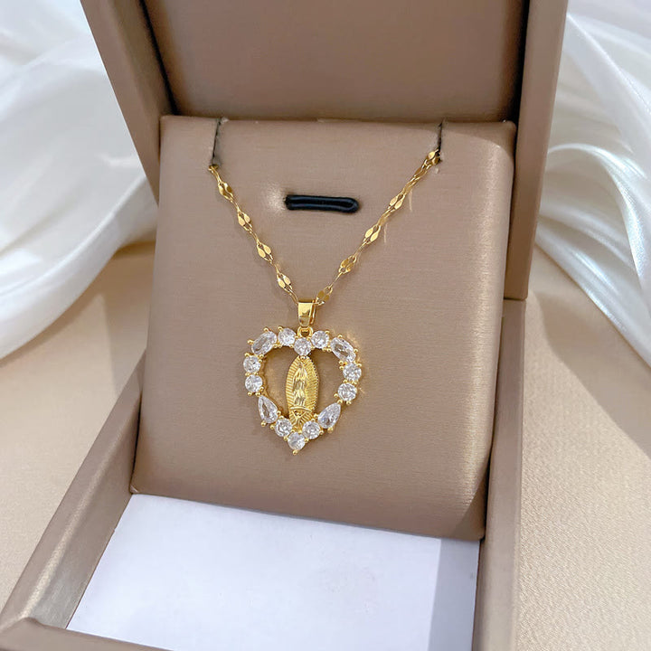 Christianartworkshop Luxury Style Heart-shaped Gemstone Encrusted Our Lady of Guadalupe Pendant Necklace - image 4