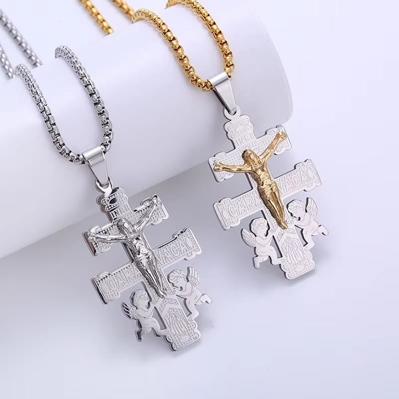 Christianartworkshop Classic Style Retro Crucifix with Angels Pendant Necklace - Silver-gold - image 1