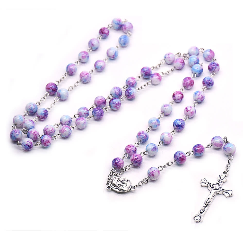 Christianartworkshop Madonna and Child & Crucifix of 6 mm Round Purple Glass Alloy Chain Rosary - Purple - image 1