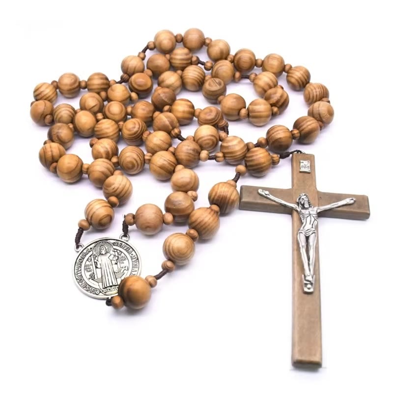 Christianartworkshop St. Benedict Medal & Crucifix of 15 mm Round Brown Wood Nylon Cord Wall Hanging Rosary - image 3