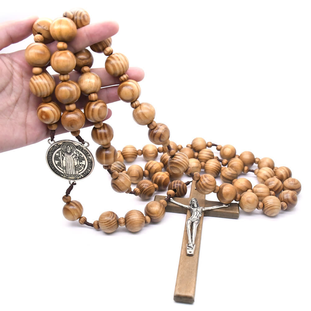 Christianartworkshop St. Benedict Medal & Crucifix of 15 mm Round Brown Wood Nylon Cord Wall Hanging Rosary - image 5