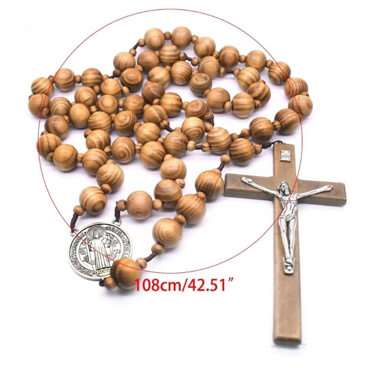 Christianartworkshop St. Benedict Medal & Crucifix of 15 mm Round Brown Wood Nylon Cord Wall Hanging Rosary - image 6