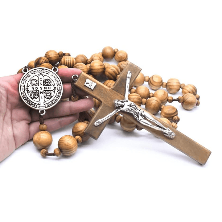 Christianartworkshop St. Benedict Medal & Crucifix of 15 mm Round Brown Wood Nylon Cord Wall Hanging Rosary - image 4